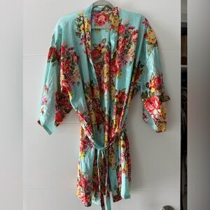Floral Satin Robe in Aqua with Pink & Red Blooms